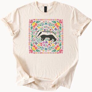 Badger Shirt Folk Art Floral Tee Animal Graphic Nature Top